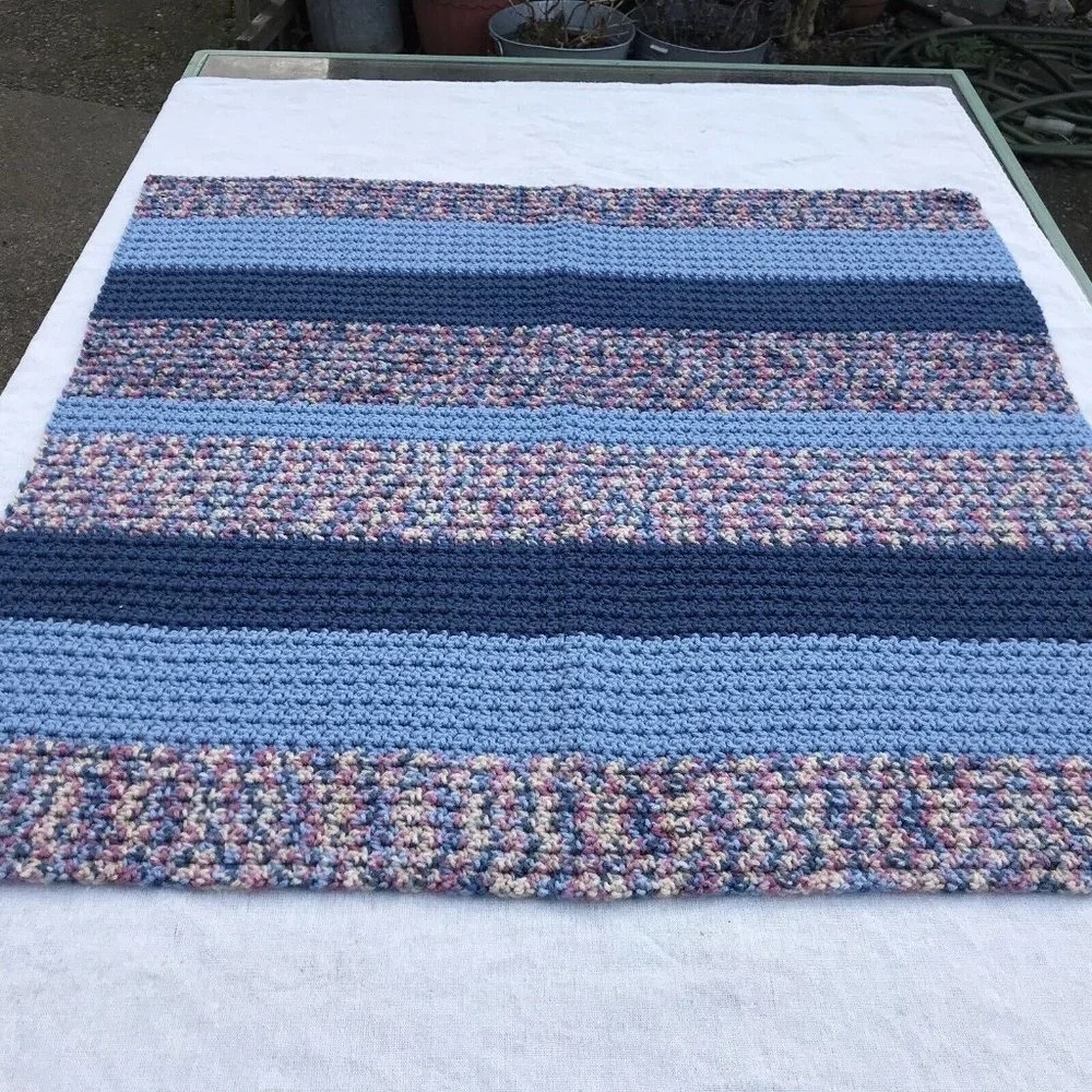New Handmade Crochet Blanket 32x32 Lap Car Couch Dog Pet Afghan MCM Blue OOAK